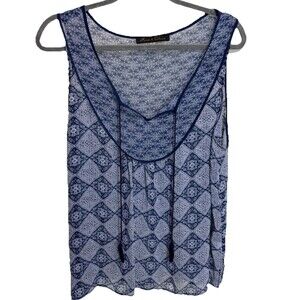 Rose & Olive Blue Peasant Sleeveless Blouse Sheer Women's 1X Mixed Print Boho